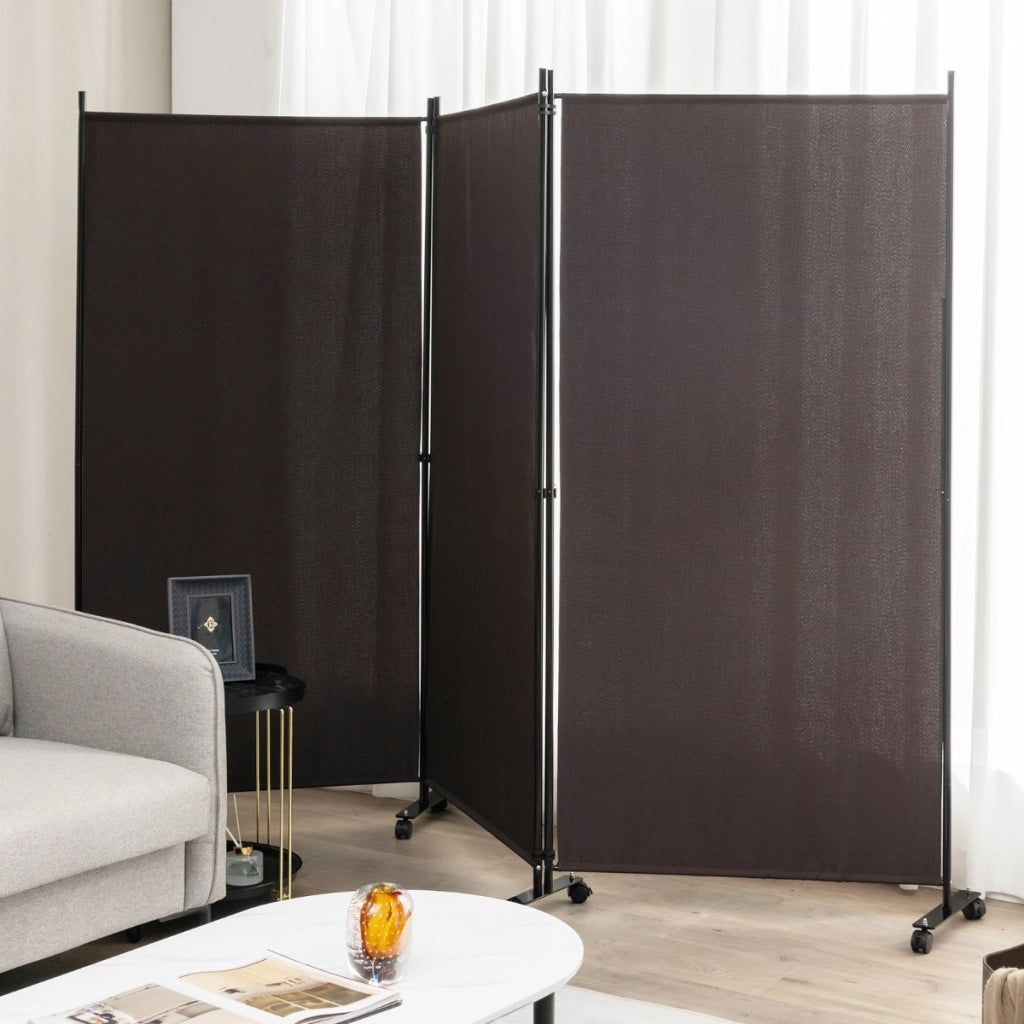 Divisorio a 3 pannelli-Paravento in tessuto portatile con ruote per privacy, Divisorio indipendente per casa e ufficio Marrone