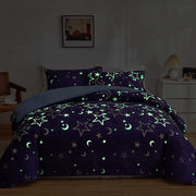 Biancheria da letto moderna, 155 x 220 cm, biancheria da letto morbida a microfibra, stella e luna, illuminante nel buio, copriletto, viola, biancheria da letto, per ragazze e donne, lenzuolo singolo, con cuscino in cotone 80 x 80 cm