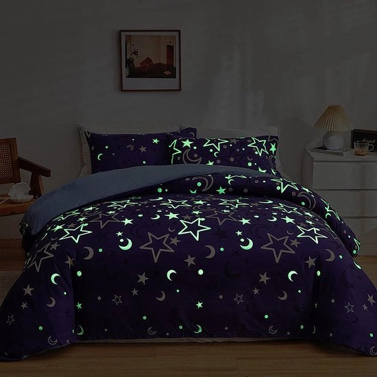 Biancheria da letto moderna, 155 x 220 cm, biancheria da letto morbida a microfibra, stella e luna, illuminante nel buio, copriletto, viola, biancheria da letto, per ragazze e donne, lenzuolo singolo, con cuscino in cotone 80 x 80 cm