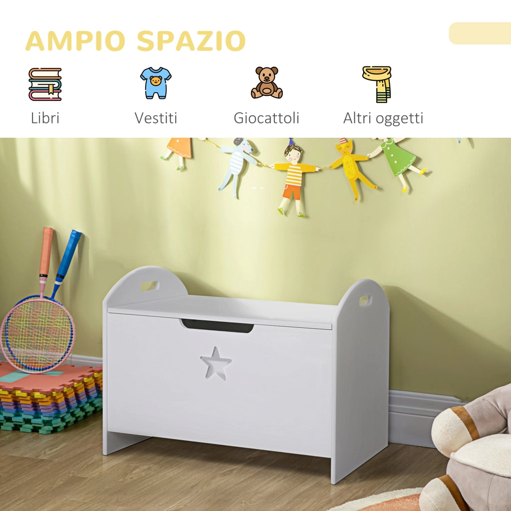 Baule Contenitore Panca Portagiochi per Bambini (62x40x46.5cm) in Legno Bianco con Cerniere di Sicurezza