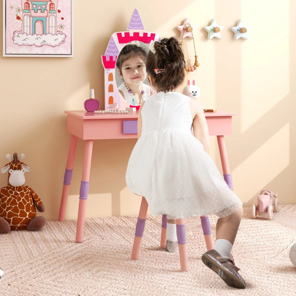 Set da toletta per bambini con specchio cassetto e piano rimovibile, Tavolo da trucco e sgabello in legno Rosa-Toelette per bimbi