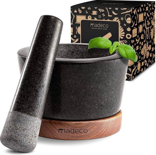 Vijzel con martelletto granito su base in legno noce Ø 14,5 cm perfetto per spezie, erbe e noci set di vijzel e martelletto design vijzel in granito e martelletto grande
