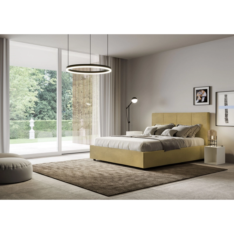 Letto imbottito Matrimoniale francese 140x210 cm Mika - Contenitore,Microfibra,Ocra