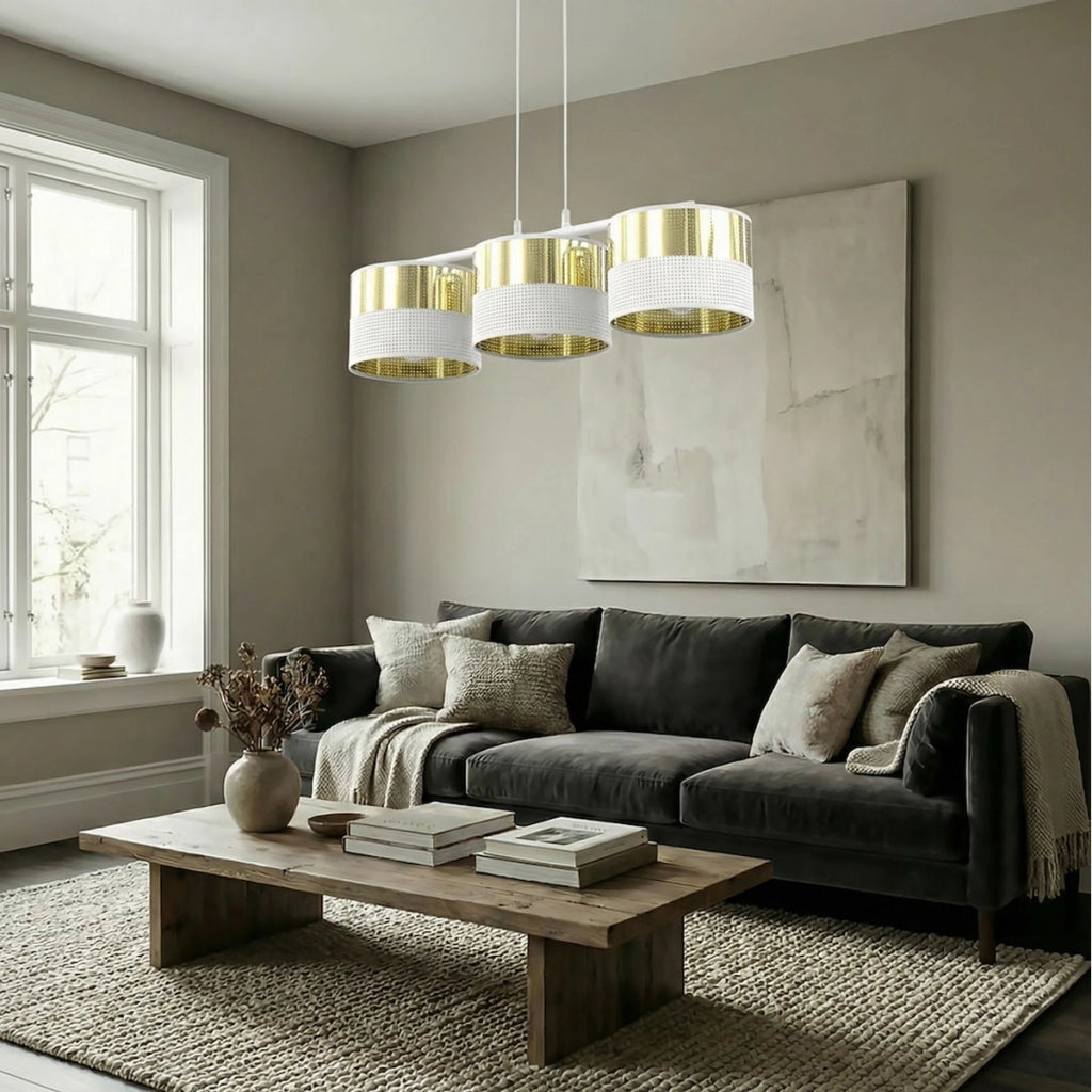 Lampada a sospensione Lux in acciaio bianco e oro