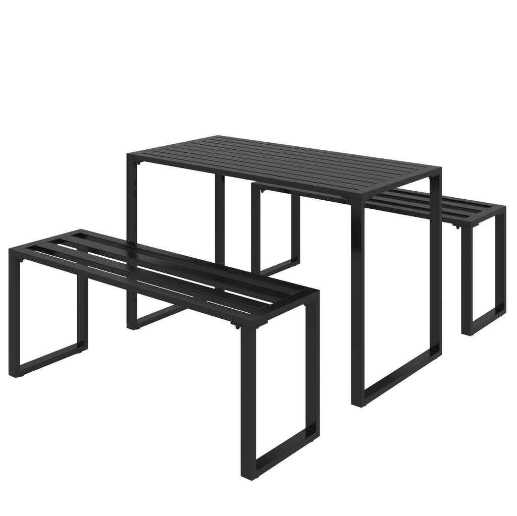 Set mobili da esterno 3 pezzi con tavolo e 2 panche in metallo nero 110x55x70 cm