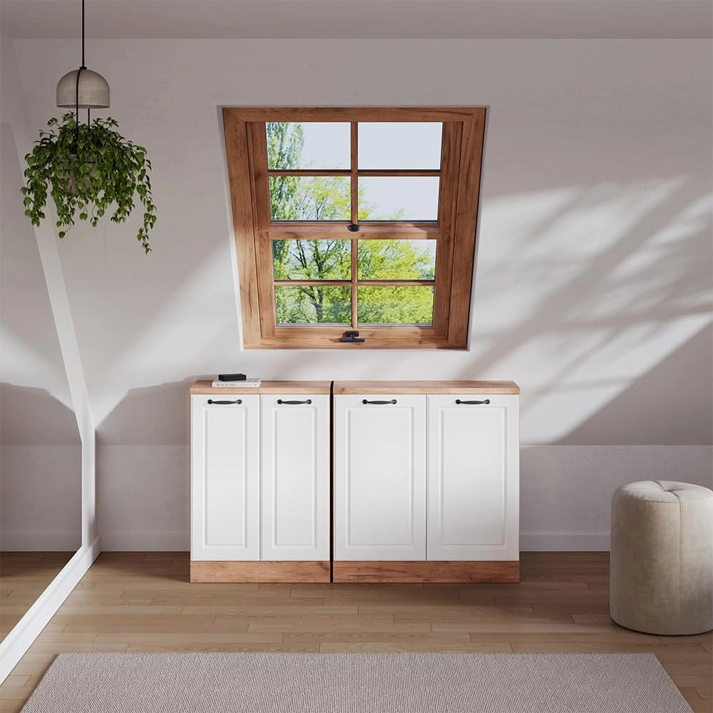 Set di mobili sottotetto Rion, Bianco casa di campagna, 140 cm Set di 2 carcasse armadio profondità 60 cm, adatto per il salvaspazio sotto tetti spioventi