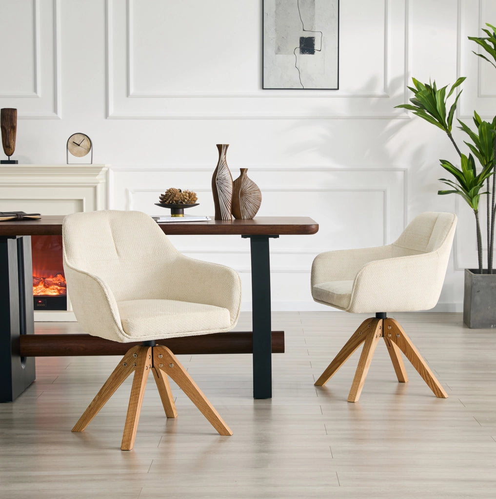 Set di 2 sedie da pranzo girevoli a 360° con struttura in legno massello e rivestimento in tessuto beige