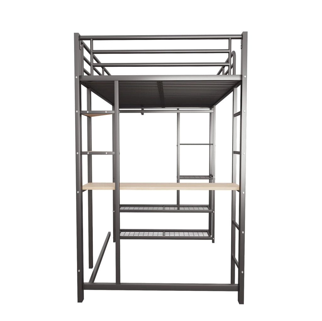 Letto a soppalco multifunzionale 90x200 cm con scrivania, armadio e scaffali, nero