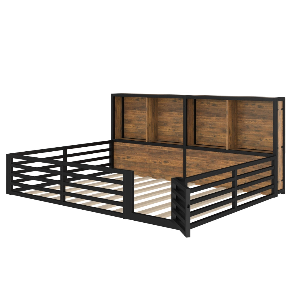 Letto 140x200 cm con LED; sponde e vani portaoggetti in MDF e metallo nero