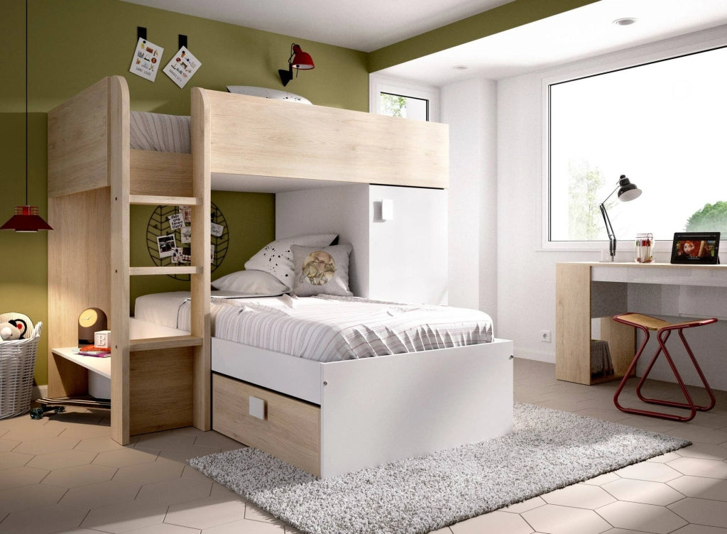 Letto per bambini Pax, Cameretta completa con armadio e cassetti, Composizione letto a castello con due lettini singoli, 255x112h150 cm, Bianco e Rovere