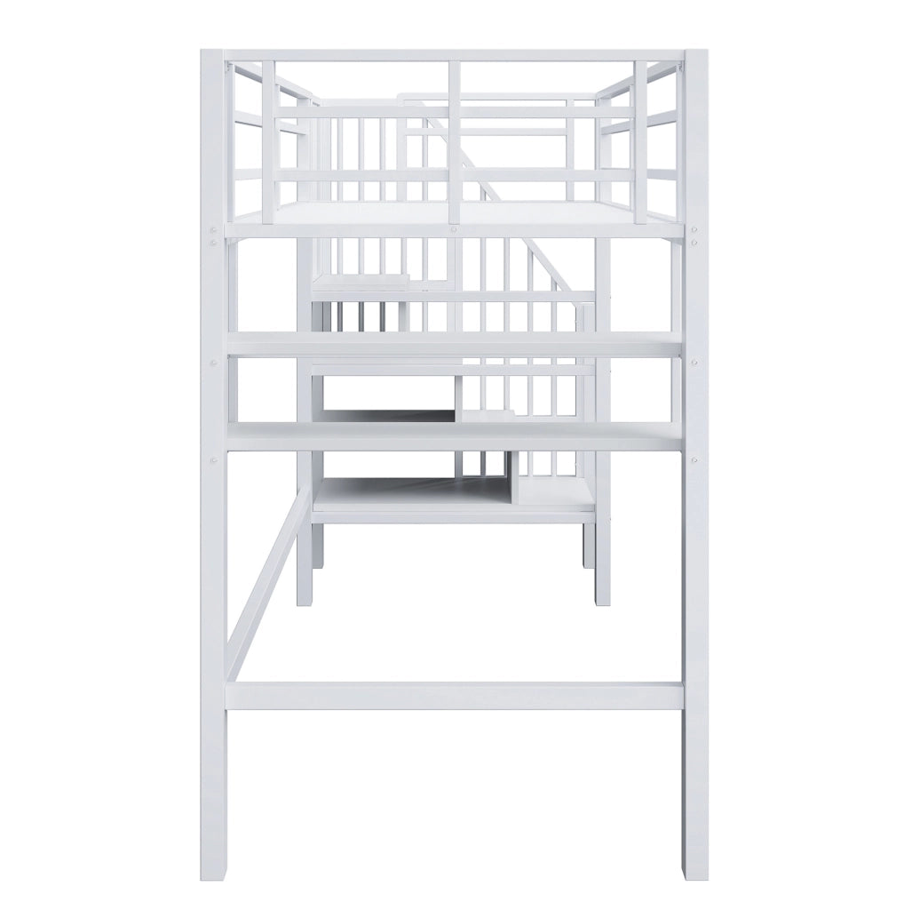 Letto a soppalco per bambini 90x200 cm con scaffali e scala contenitore; bianco; in metallo e MDF
