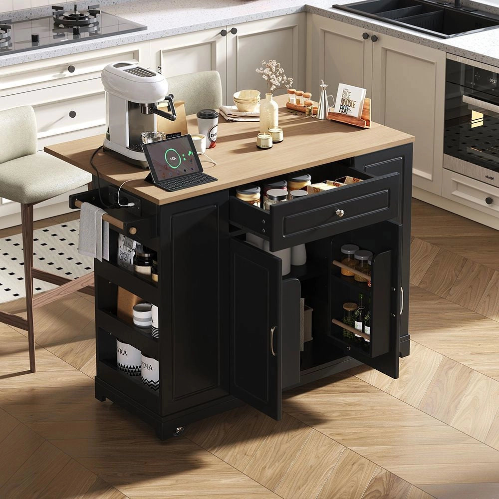 Isola da cucina mobile con tavolo estendibile, cassetti multifunzione e cestino - Xylo - Nero