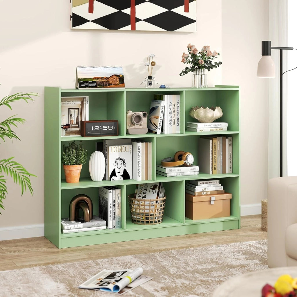 Libreria Scaffale da Terra con 8 Cubi, Libreria Multifunzione in Legno con Anti-ribaltamento, Salvaspazio per Cameretta, Soggiorno e Studio, Portata 220 kg, 122 x 32 x 93 cm (Verde)
