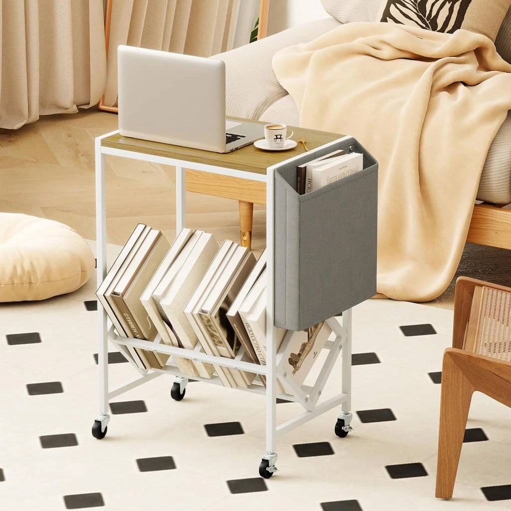 Supporto per Giradischi, Porta Dischi Vinili in Legno e Metallo, Mobile con Tasca Organizer e Ruote, Fino a 200 Album, per Soggiorno, Studio e Camera da Letto (Naturale + Bianco)