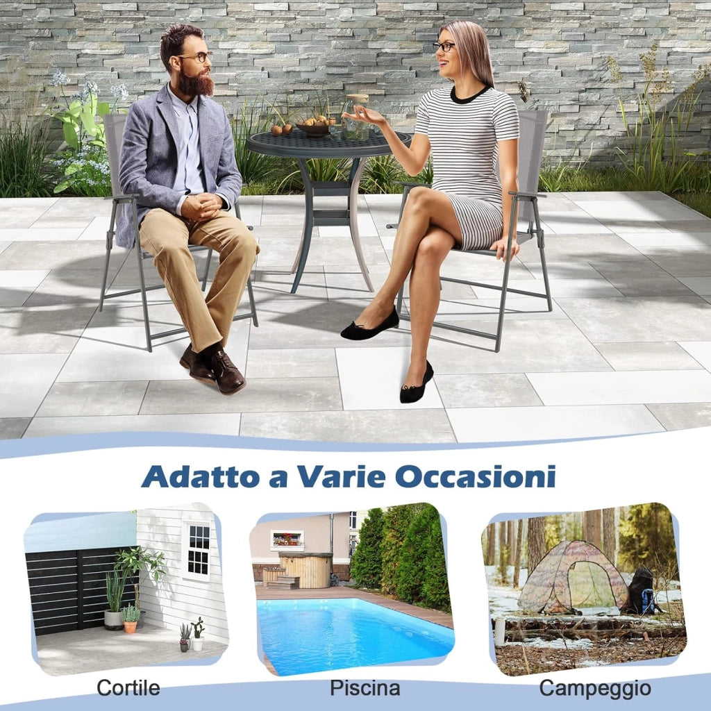 Set di 2/4 Sedie Pieghevoli da Giardino in Textilene, Sedie da Esterno con Schienale Alto, Poltrona Portatile per Giardino Campeggio Patio, Portata 150 kg (4, Grigio, 62 x 58 x 96 cm)