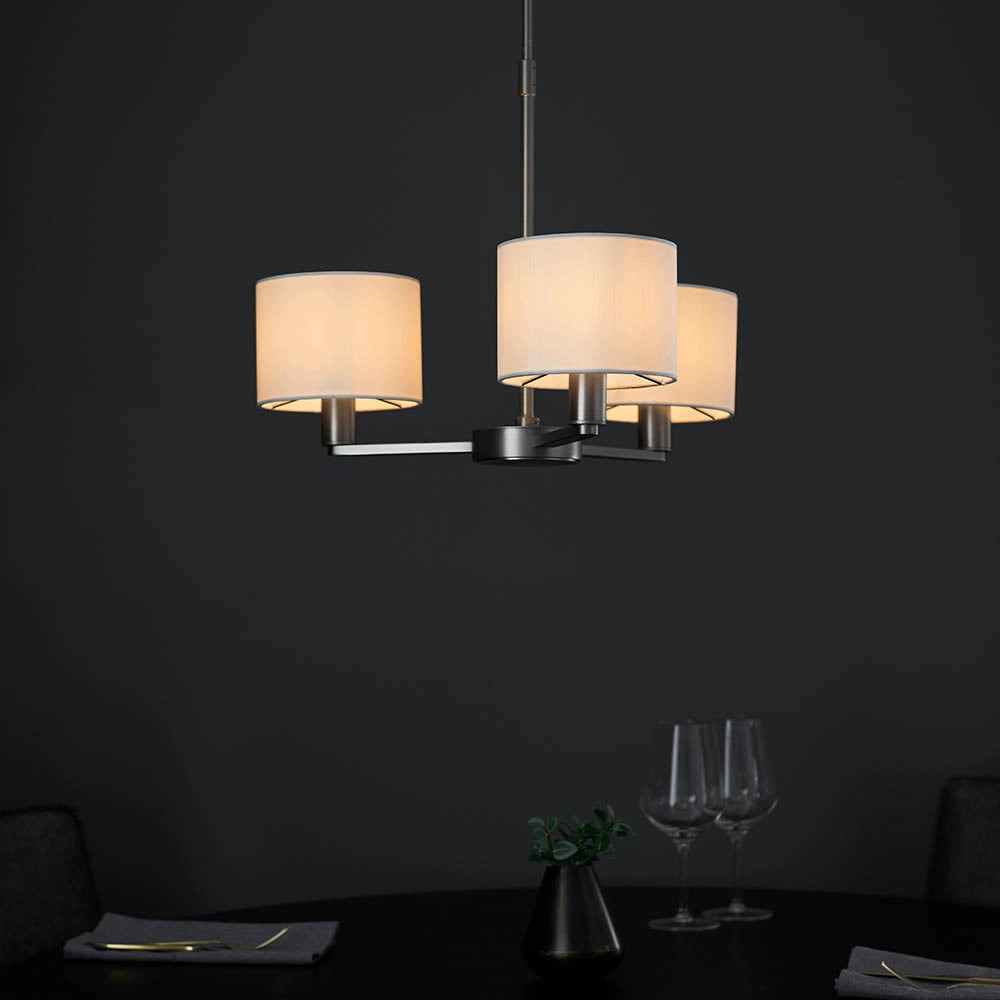 Lampadario 3 luci nichel opaco, paralumi bianco E14