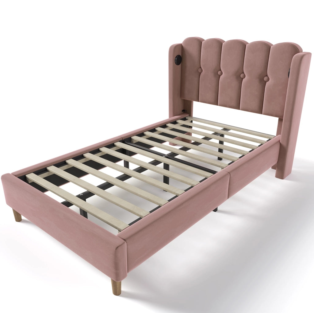 Letto imbottito ULEVR 90x200 cm in velluto rosa con testiera a pannelli e porte USB e Type-C