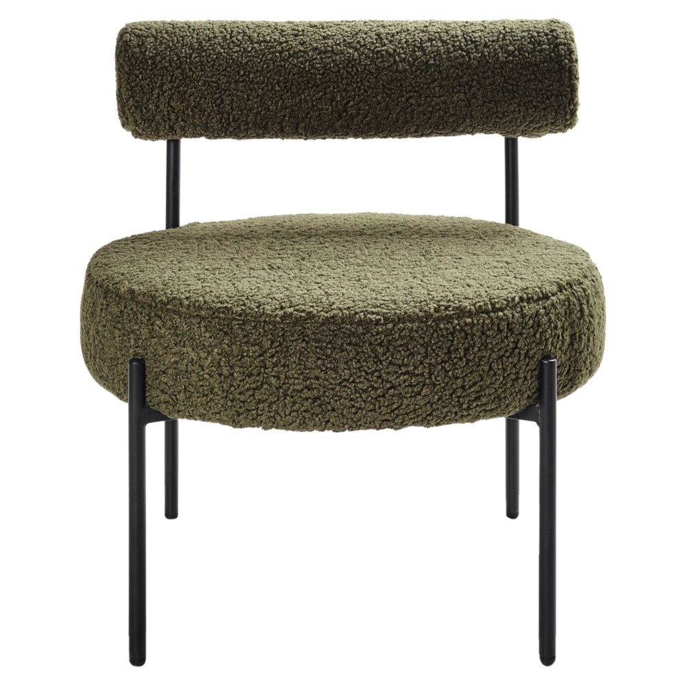 Sedia senza braccioli con sedile rotondo con rivestimento in tessuto bouclé verde soggiorno stile vintage
