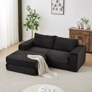 Divano letto modulare con pouf rimovibile, braccioli quadrati e configurazione flessibile in velluto a coste nero