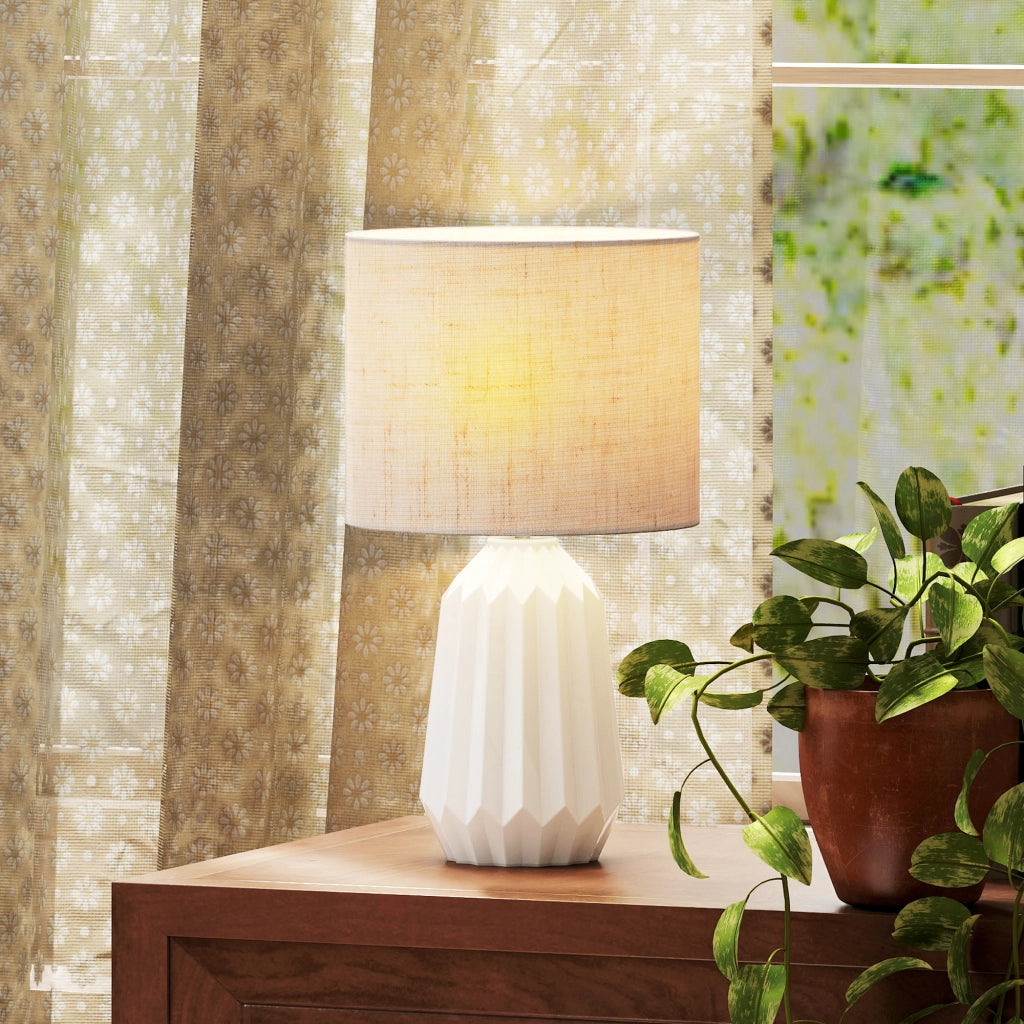 Lampada da Tavolo Retro in Ceramica e Lino ¨C zephmum ¨C 40W Bianco e Beige