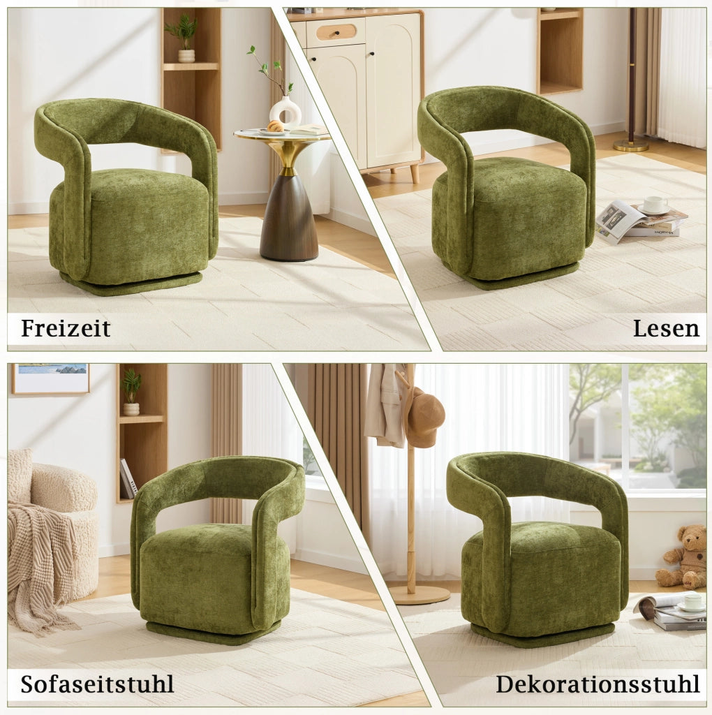 Poltrona girevole 360° in chenille verde, design Barrel Chair