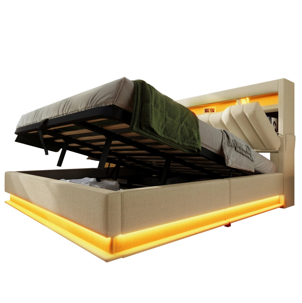 Letto matrimoniale 160x200 cm in lino beige con LED; USB e vano contenitore idraulico