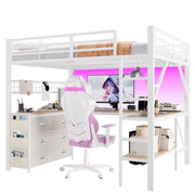 Letto a soppalco gaming 140x200 in metallo bianco con scrivania cassetti e luci LED