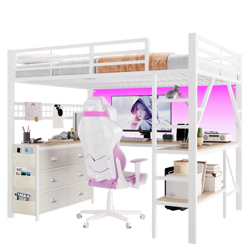 Letto a soppalco gaming 140x200 in metallo bianco con scrivania cassetti e luci LED