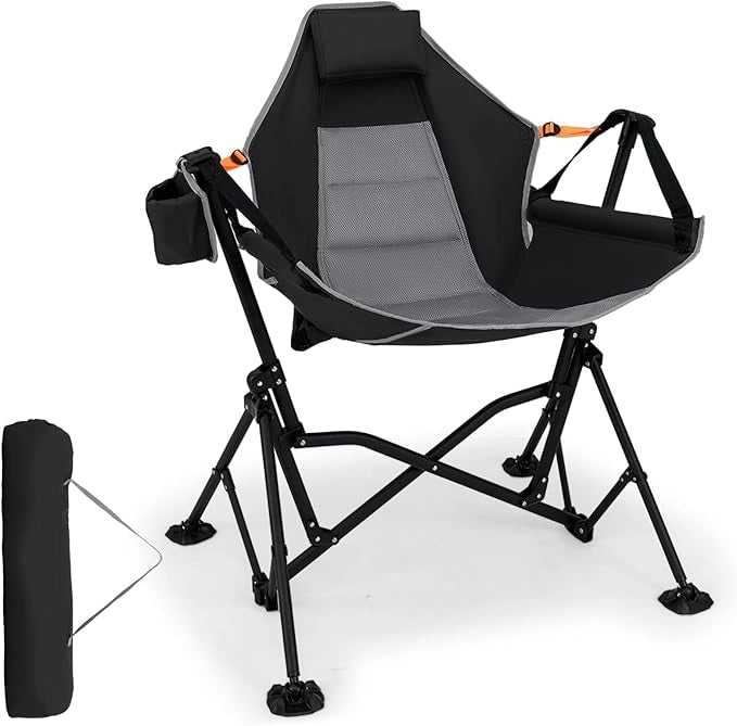 Sedia da Campeggio Amaca, Sedia a Dondolo Pieghevole con Portabicchieri, Schienale Regolabile, Poggiatesta, Sedile a Dondolo per Giardino, Patio, Prato, Portata 150 kg (Nero)