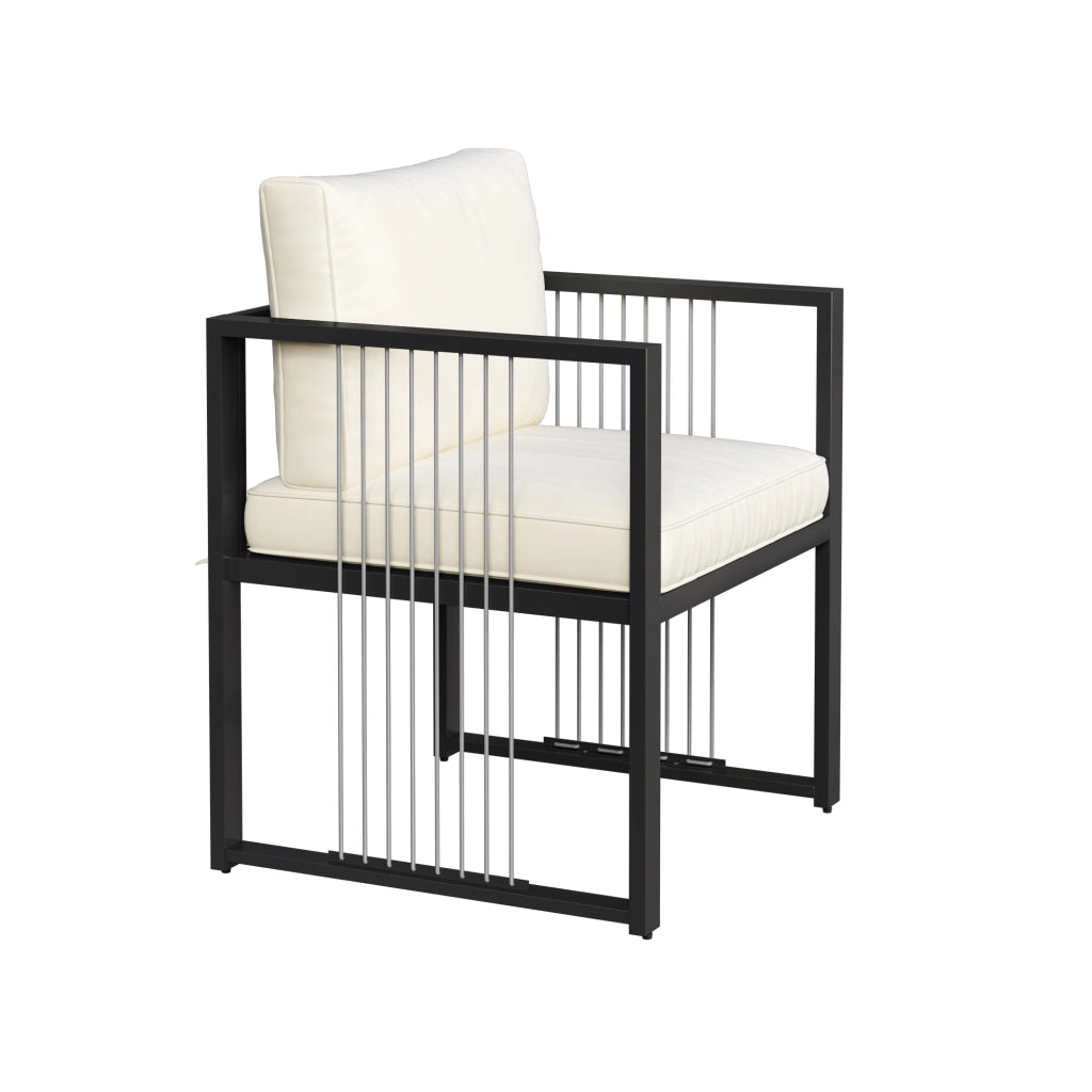 Set Tavolo e Sedie da Giardino con 1 Tavolo Quadrato; 4 Poltrone e 2 Poggiapiedi; Metallo; Vetro; Tessuto; Nero e Bianco