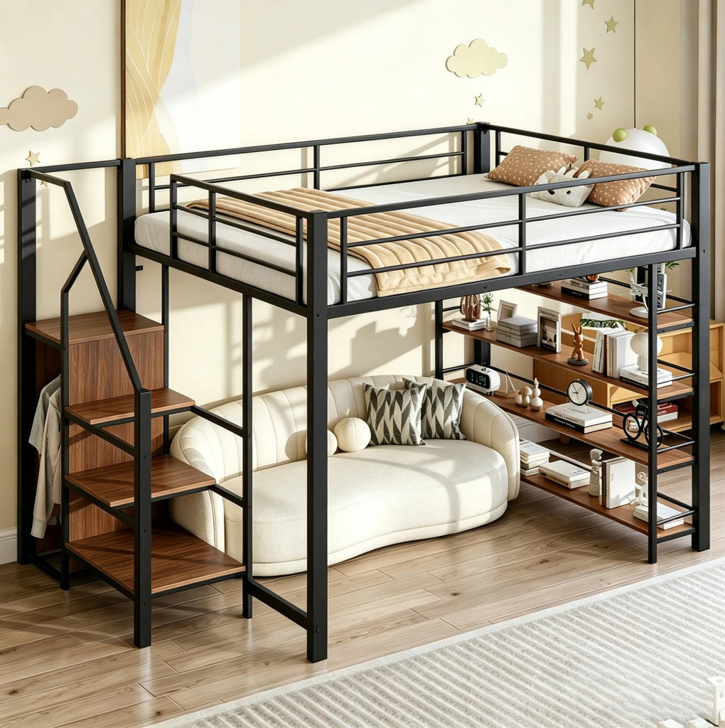 Letto a castello 140x200 cm in metallo con scala contenitore; armadietto; nero
