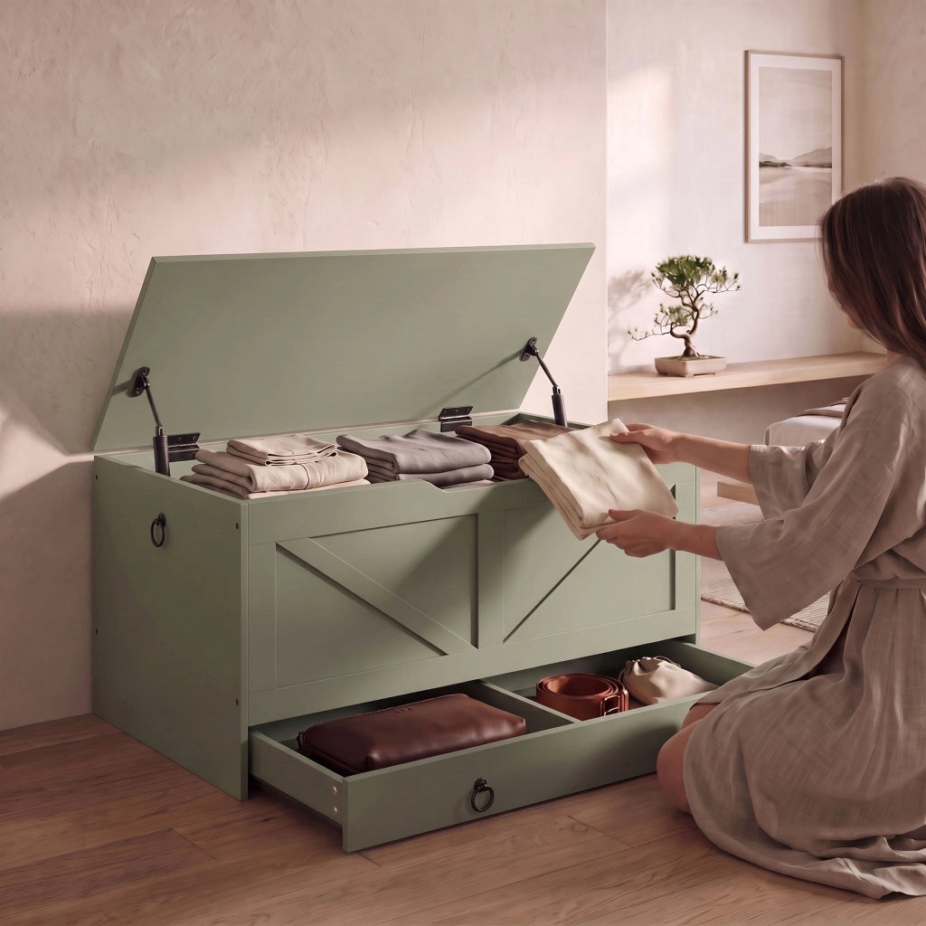 Kura - Cassapanca contenitore 100x50x40 cm Portaoggetti con Cerniere di Sicurezza e con Cassettiera in Legno Salvia