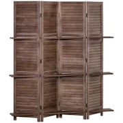 Paravento Interno a 4 Pannelli 162L x 170H cm 3 Ripiani Pieghevoli Separatore di Ambiente Porte a Persiana Legno di Paulownia Noce