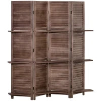 Paravento Interno a 4 Pannelli 162L x 170H cm 3 Ripiani Pieghevoli Separatore di Ambiente Porte a Persiana Legno di Paulownia Noce