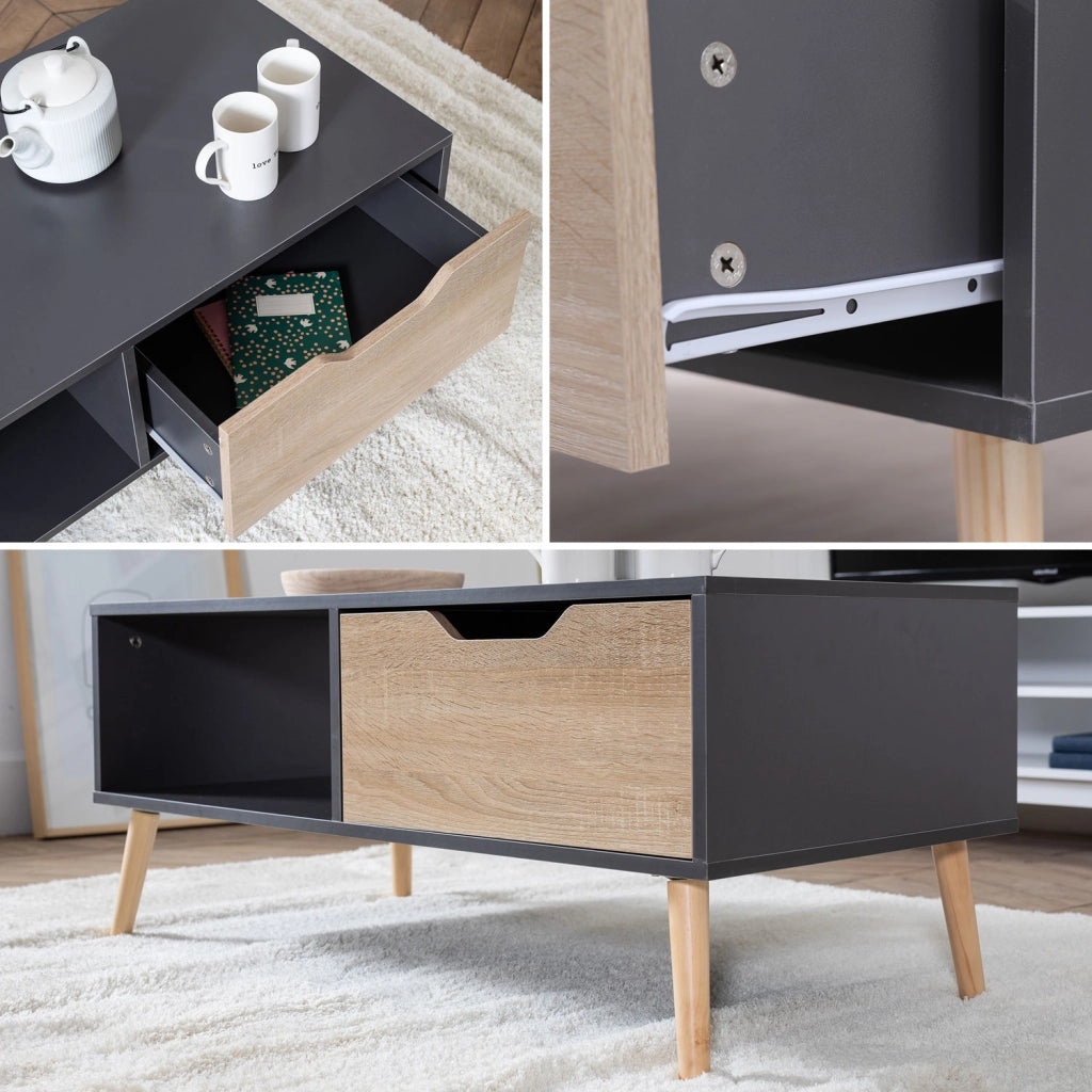 Tavolino in stile scandinavo grigio FREJA con cassetto