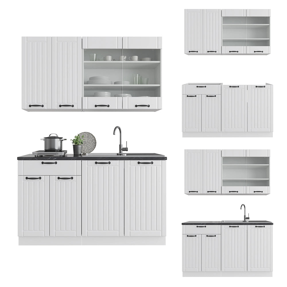 Cucina completa Fame-Line Bianco rustico/Bianco 140 cm, PL Marmo Vicco