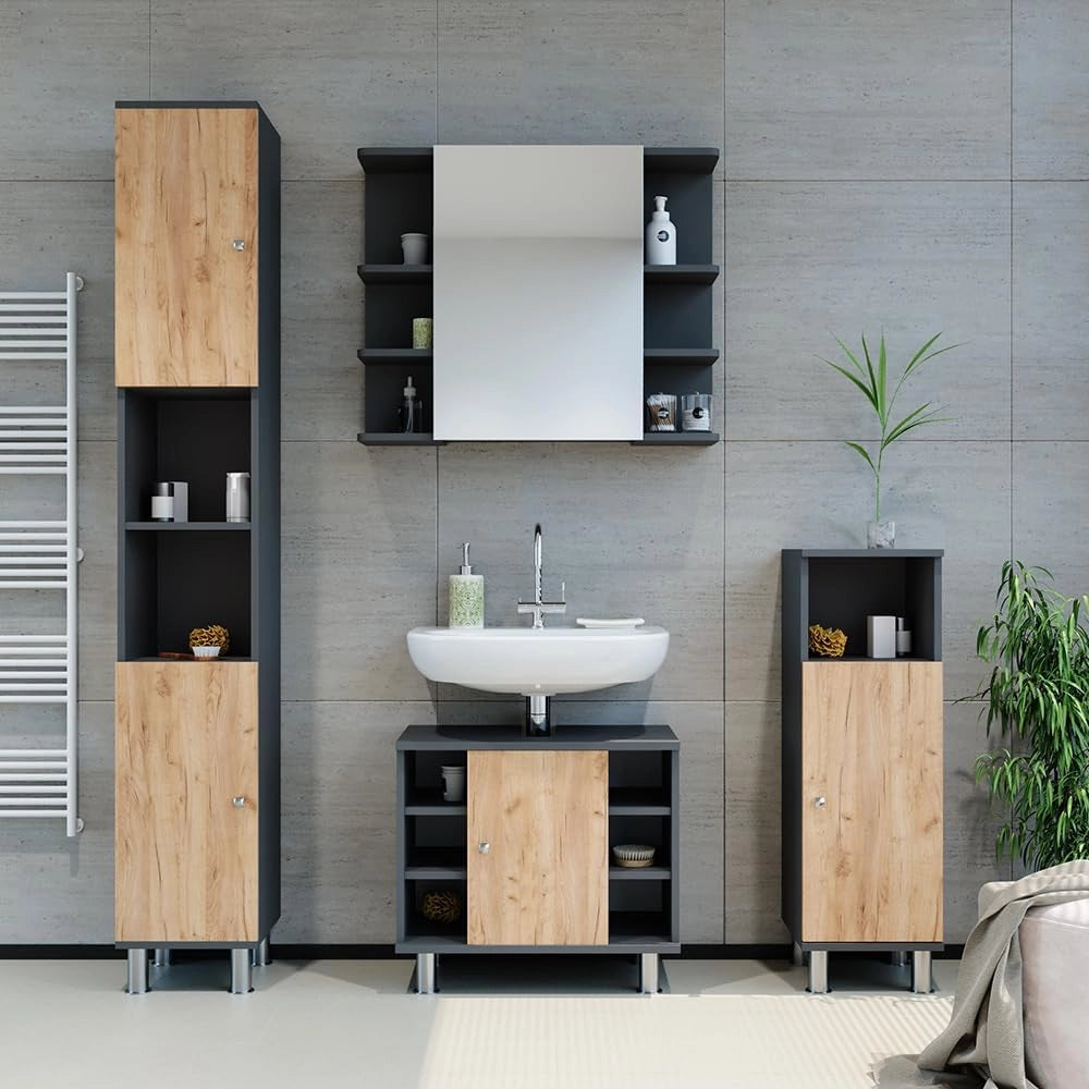 Set di mobili da bagno Fynn, Antracite/quercia dorata, 60 cm, composto da mobile lavabo, pensile a specchio, colonna e base media