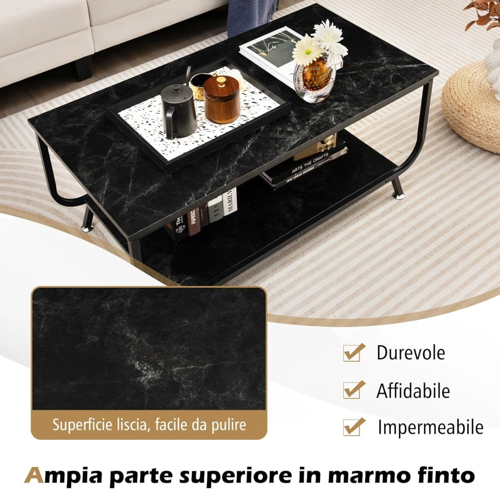 Tavolino da Caffè da Divano, Tavolino Rettangolare con Piano in Marmo Sintetico a 2 Livelli e Struttura in Metallo, Ripiano di Stoccaggio, Tavolino per Salotto, Ufficio e Studio (Nero)