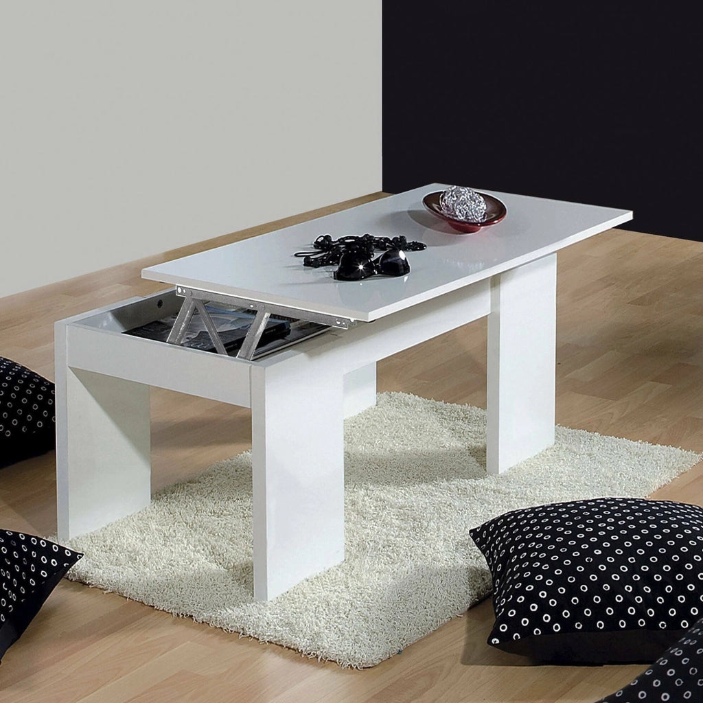 Tavolino da salotto Almo, Tavolino da caffè con piano elevabile, Tavolo basso da soggiorno, cm 100x50h43/84, Bianco lucido