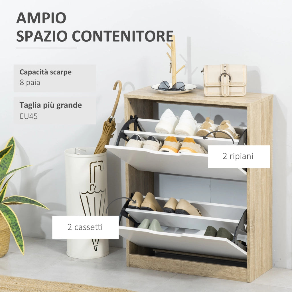 Scarpiera Salvaspazio Slim con 2 Cassetti ¨C zephmum ¨C Legno e Bianco 62.5x26x81 cm