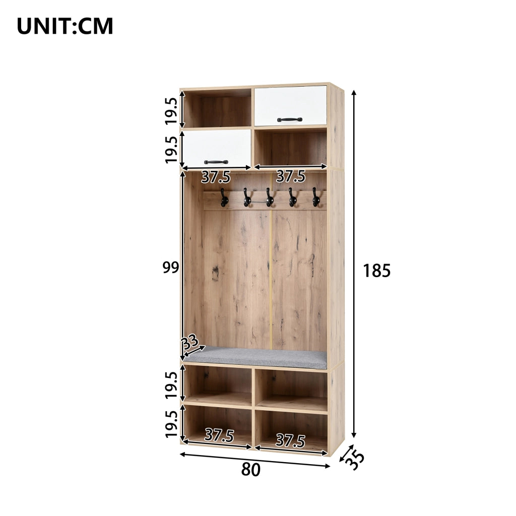 Set ingresso moderno con scarpiera, panca imbottita, 5 ganci, 4 vani aperti, colore naturale e bianco, 80¡Á185¡Á35 cm