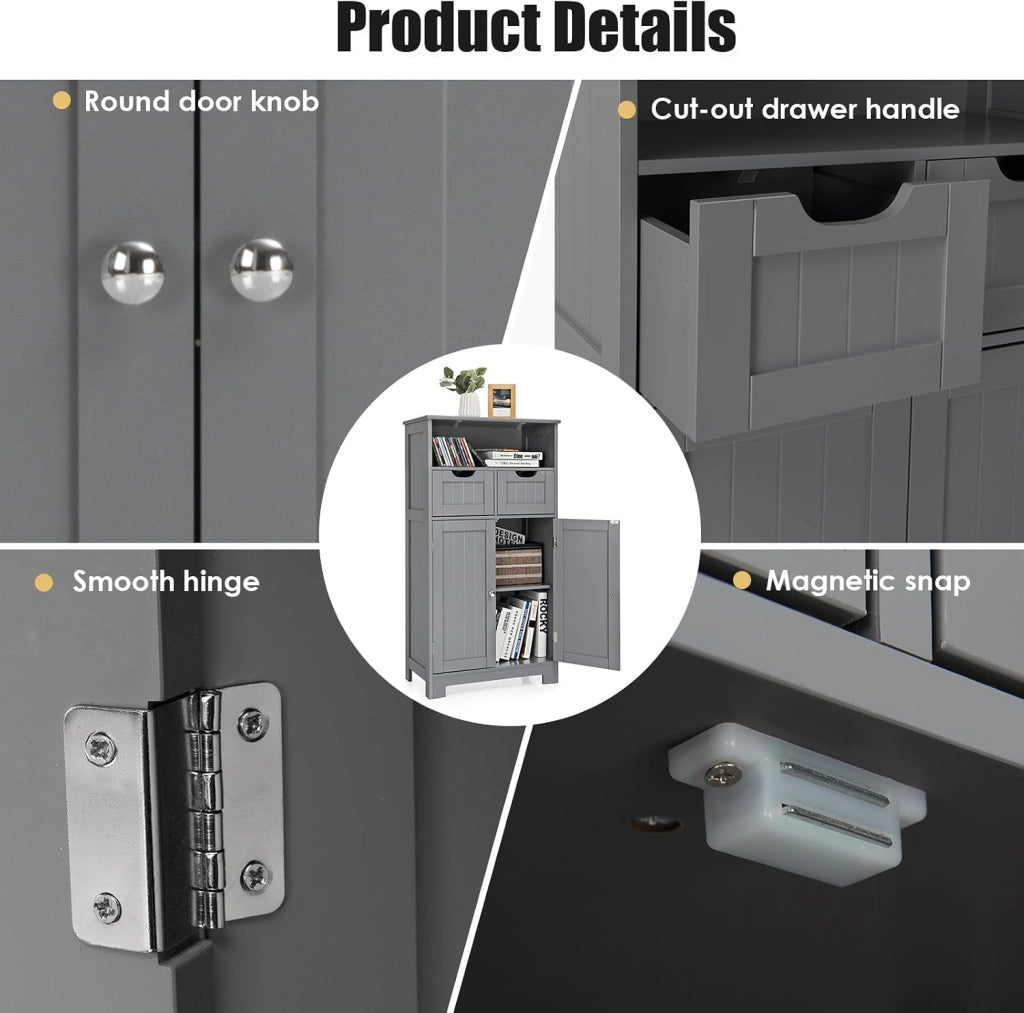Mobile da Bagno con 2 Cassetti e 2 Armadi a Porta, 60 x 30 x 109 cm, Armadietto da Terra Autoportante in MDF, Armadio d’Archivio per Soggiorno, WC, Camera da Letto, Cucina (Grigio)