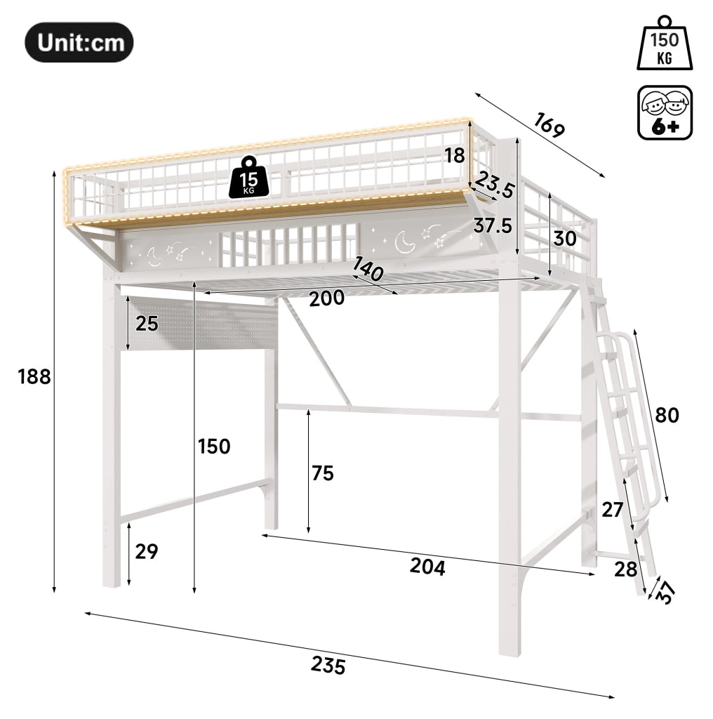 Letto a soppalco 140x200 cm in metallo bianco con vani contenitore e scala reversibile