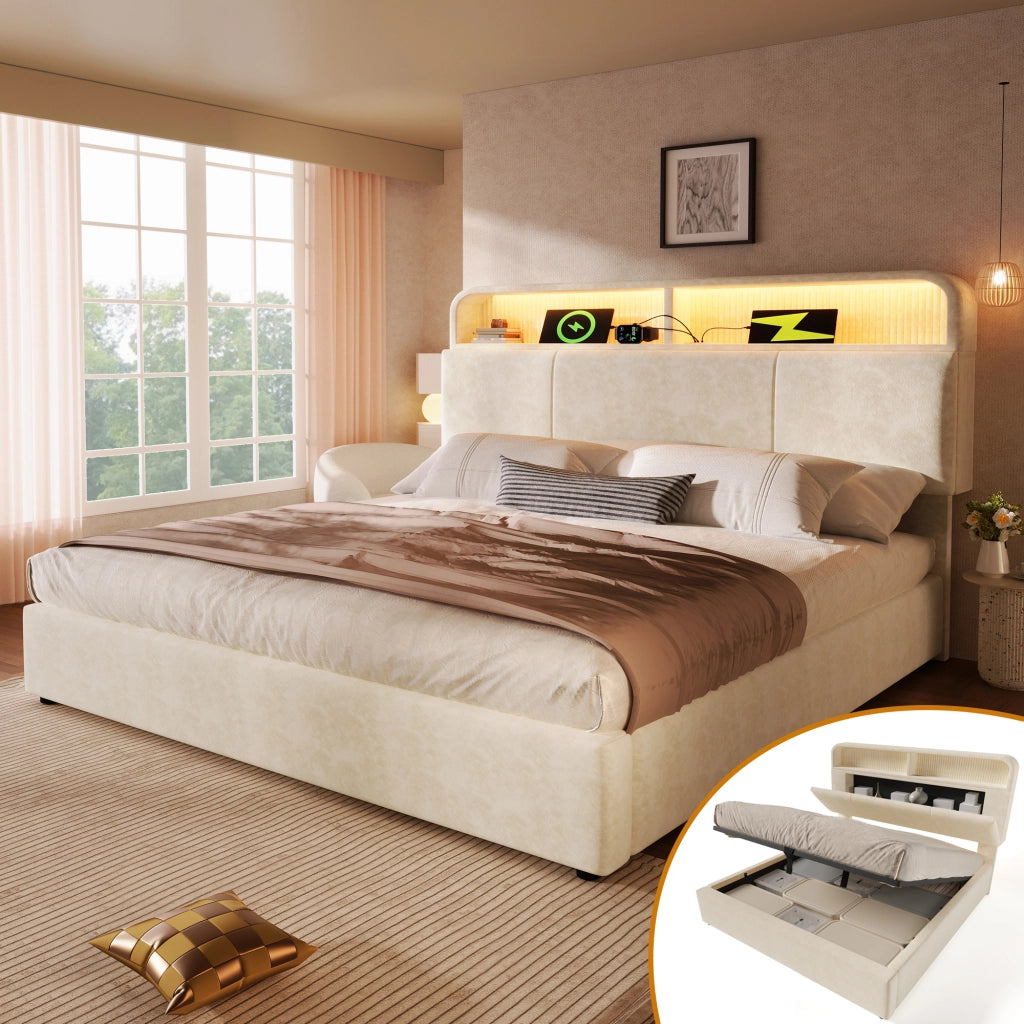 LETTO Idraulico 140x200 cm in velluto beige con LED USB e materasso incluso