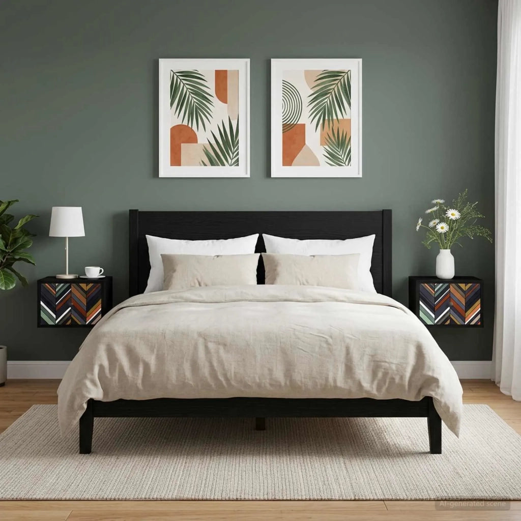 Mobiletto da comodino a parete OMMEN 2 pz Rovere Nero 8007472