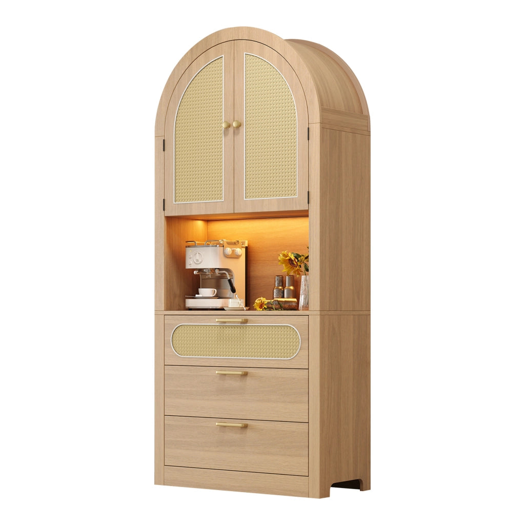 Libreria Vetrina con Cassetti e Ripiani ¨C MINIMAL ¨C Rovere Chiaro, LED, Rattan, 80x35x180