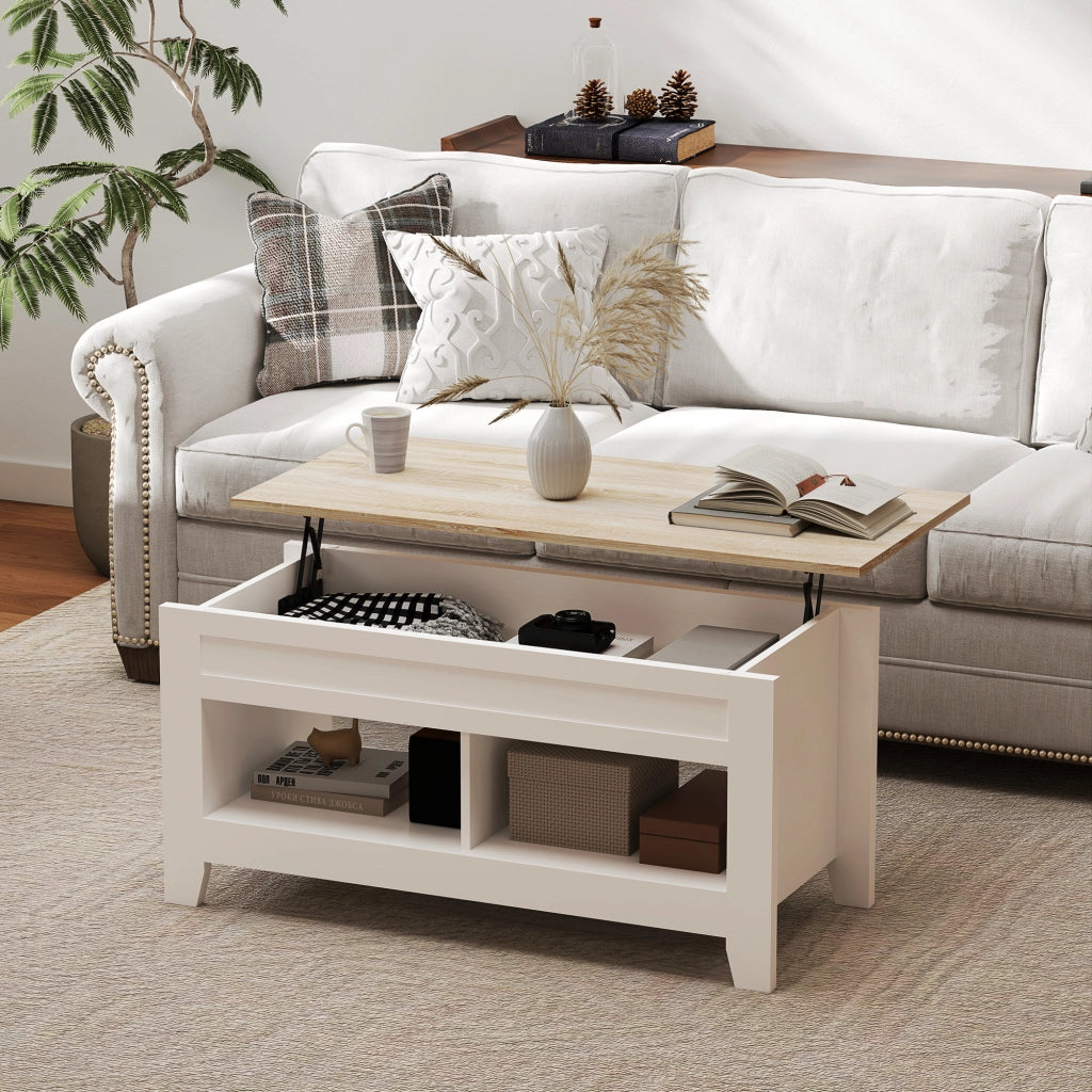 Tavolino da salotto elevabile con spazio di archiviazione ¨C zephmum ¨C bianco e naturale 105x50x49 cm