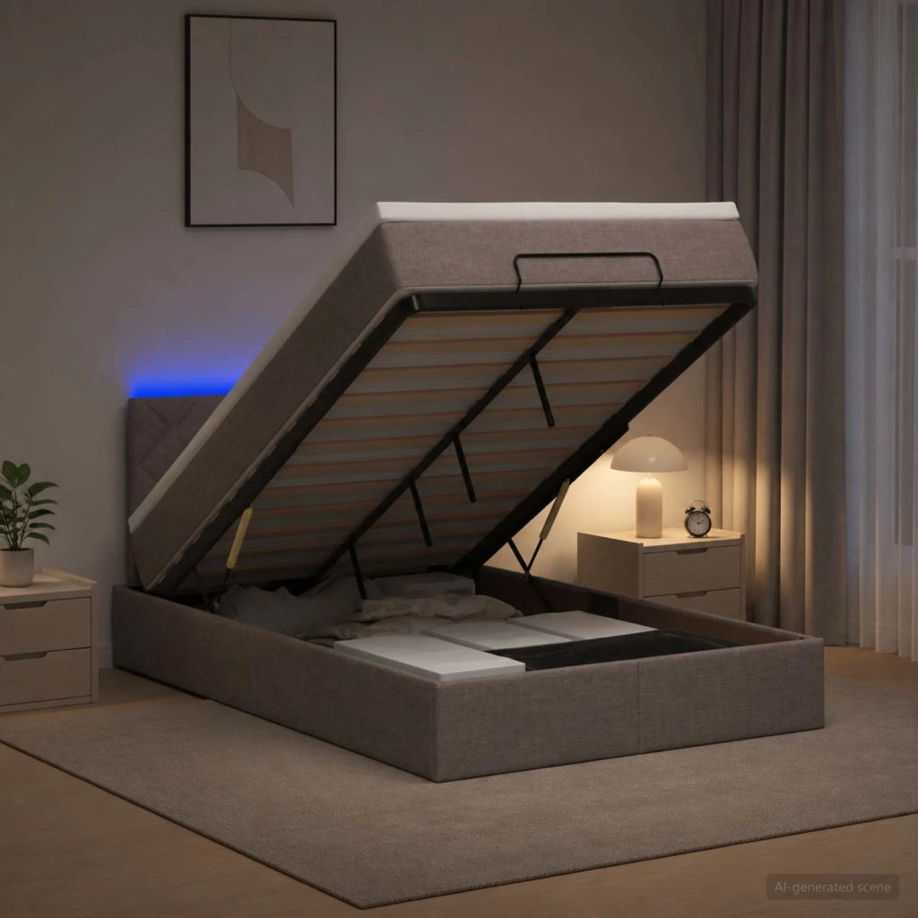 Letto Ottomano con Materasso e LED Tortora 120 x 190 cm Tessuto 3456978