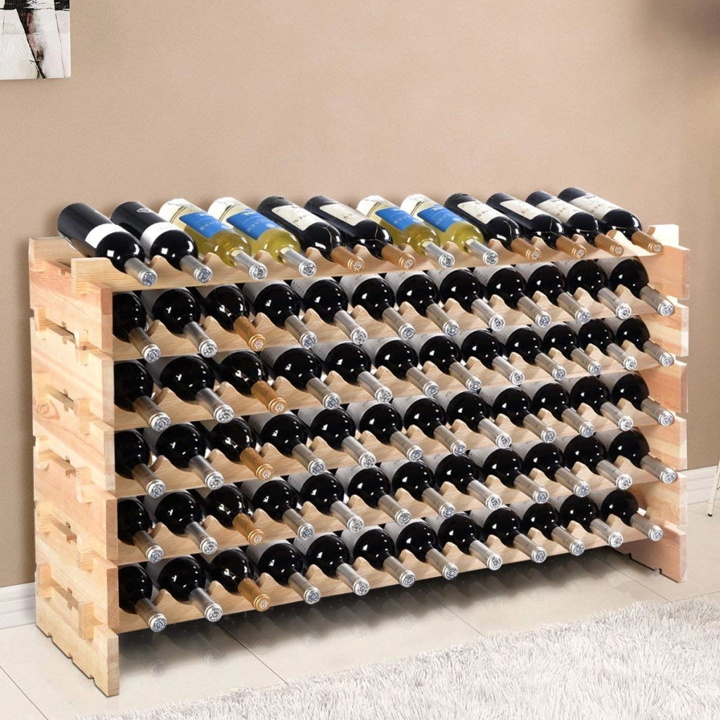 Portabottiglie in legno di pino e scaffale modulari impilabile da 60 bottiglie-Scaffale per 72 bottiglie di vino e scaffale in legno a 6 ripiani