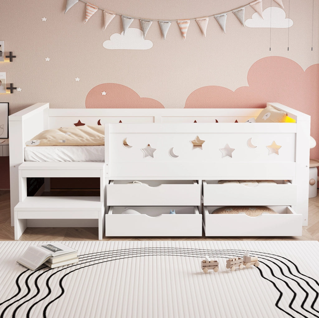 Letto singolo per bambini 90x200 cm in legno bianco con sponde traforate; cassetti e LED